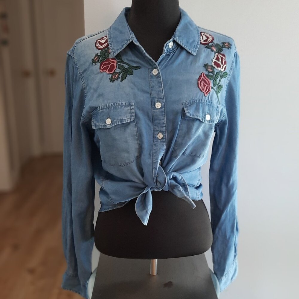 Demin Look Button Up Embroidred Shirt